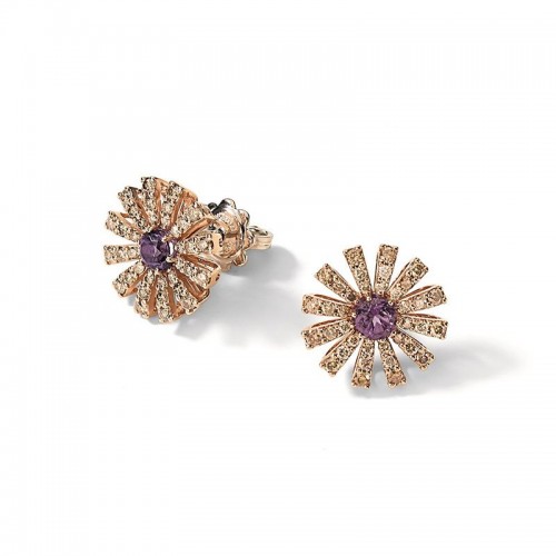 Damiani 18k White and Pink Gold Flowers Studs with Brown Diamond and Amethyst. 0.90ctw